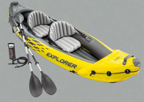Intex Explorer K2 inflatable kayak on water with paddles
Top view of Explorer K2 kayak with seats and pump
Close-up of inflatable cockpit seats
Full kayak set with oars, pump, and skeg
Explorer K2 in yellow – packaged with accessories