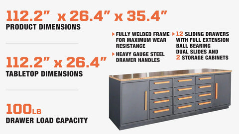 10 Ft 12 - Drawer & 2 - Cabinet Steel Workbench – Heavy - Duty Industrial Tool Storage - 12 - Drawer Steel Workbench with Red | Sold by Uncle Wiener's Wholesale
