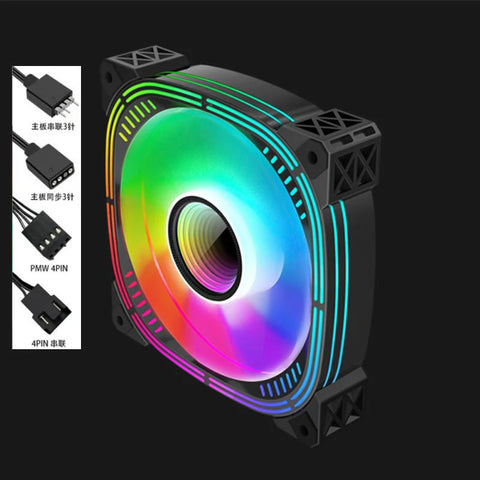 120mm ARGB case fan with multicolor RGB lighting
Side view of black frame 120mm ARGB fan
Fan with vivid RGB lights powered on
Rear connector side of 6-pin ARGB PC fan