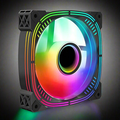 120mm ARGB case fan with multicolor RGB lighting
Side view of black frame 120mm ARGB fan
Fan with vivid RGB lights powered on
Rear connector side of 6-pin ARGB PC fan