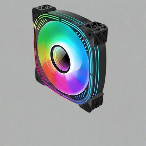 120mm ARGB case fan with multicolor RGB lighting
Side view of black frame 120mm ARGB fan
Fan with vivid RGB lights powered on
Rear connector side of 6-pin ARGB PC fan