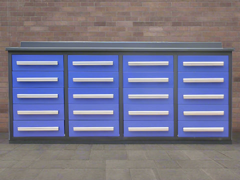 Red 7FT tool bench with drawers β front view
Blue tool chest storage drawers β side view
Stainless steel workbench close-up
Organized industrial tool station
Drawer slides and top workspace detail