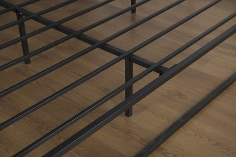 Top view of full-size platform bed frame with strong metal slats