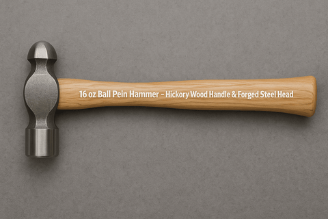 16 oz ball pein hammer with wooden hickory handle
Forged steel head hammer for machinists and metalworkers
Side view of dual-end ball peen hammer
Heavy-duty metalworking hammer with ergonomic handle
Flat and rounded head hammer tool on white background