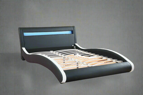 Modern Bonded Leather LED Bed Frame – Black Upholstered Platform Bed with RGB Lighted Headboard