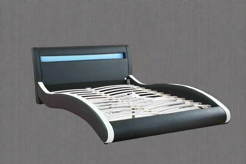 Modern Bonded Leather LED Bed Frame – Black Upholstered Platform Bed with RGB Lighted Headboard