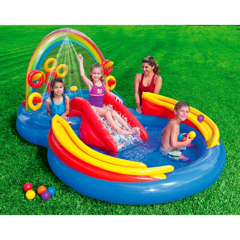 Rainbow-themed inflatable paddling pool with slide
Children playing on Intex Rainbow Ring pool with water sprayer
Complete top-down view of inflatable play center
Interactive game zone on Intex kids water park