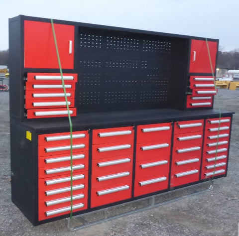 Deluxe 10 FT Tool Workbench System with 40 Red Drawers and Pegboard
Drawer Detail: Lockable Red Tool Cabinet Drawers with Smooth Slides
Pegboard View: Steel Pegboard Panel with Hanging Tool Storage
Blue Variant: Blue 10 FT Tool Cabinet Workstation with Upper and Lower Cabinets
Side Angle: Heavy-Duty Tool Workbench in Blue or Red Finish – Side Profile