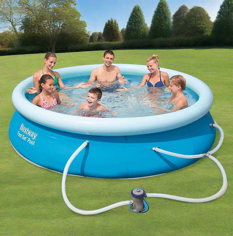 Bestway Fast Set 10ft inflatable pool with pump
Family swimming in Bestway 15ft round pool
Easy setup inflatable backyard pool by Bestway
Bestway 57269 10 ft x 30 inch pool above ground
Bestway 57315 15 ft x 33 inch round pool with filter pump