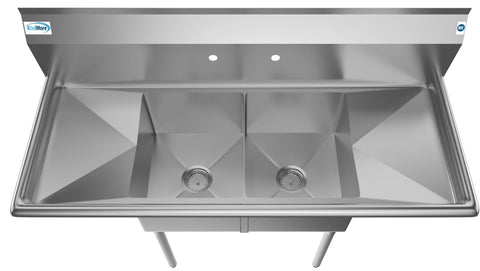 2 Compartment NSF Stainless Steel Prep Sink with Drainboard – 14" x 16" Bowls – Commercial Kitchen Sink 2C14161