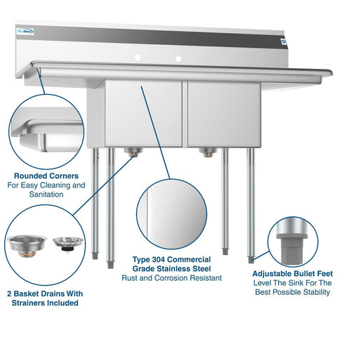 2 Compartment NSF Stainless Steel Prep Sink with Drainboard – 14" x 16" Bowls – Commercial Kitchen Sink 2C14161 - with | Sold by Uncle Wiener's Wholesale