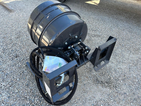 Side view of skid steer concrete mixer attachment
Heavy-duty hydraulic concrete mixer drum
Skid steer attachment with 17” concrete mixing barrel
Cement mixer for skid steer CMR1165V model