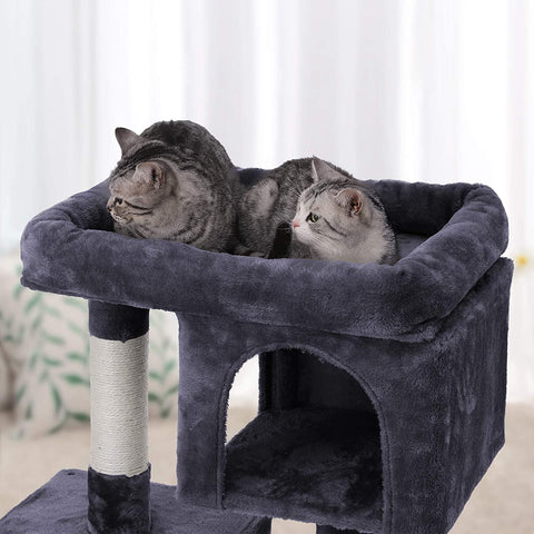 2-Level Plush Cat Tree with Top Perch and Condo
Cat Tree with Scratching Posts and Soft Fabric
Side View of Plush Gray Cat Condo Tower
Cat Sitting on Widened Top Perch
Enclosed Cat Hideout with Dual Levels