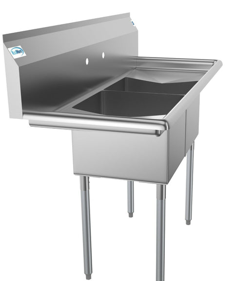2 Compartment NSF Stainless Steel Prep Sink with Drainboard – 14" x 16" Bowls – Commercial Kitchen Sink 2C14161