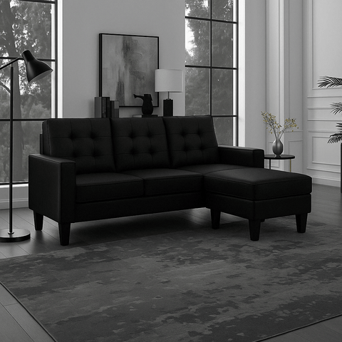 Reversible black sectional sofa in small apartment
Brown 3-seater L-shaped couch in modern room
White PU leather couch with chaise on right
Compact living room with small space sectional