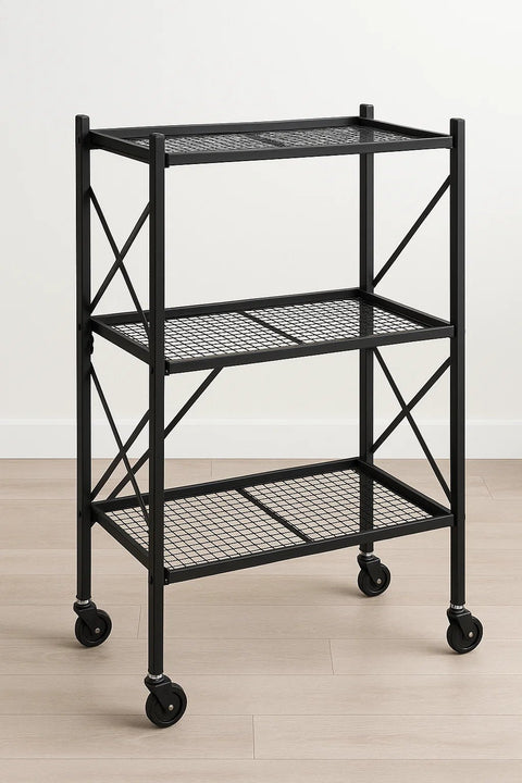 3 - Tier Rolling Kitchen Storage Rack – Foldable Black Metal Shelf Organizer | SKU: AMMTR3 - with | Sold by Uncle Wiener's Wholesale