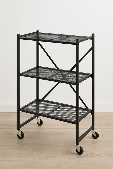 3 - Tier Rolling Kitchen Storage Rack – Foldable Black Metal Shelf Organizer | SKU: AMMTR3 - with | Sold by Uncle Wiener's Wholesale