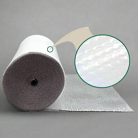 Roll of Reflective Foil Bubble Insulation β 4 FT x 25 FT
Close-up of Bubble Film Core Laminated with Foil Layers
Cross-Section of Reflective Insulation Showing 2-Layer Foil
Foil Bubble Roll Partially Unrolled for Indoor Gardening