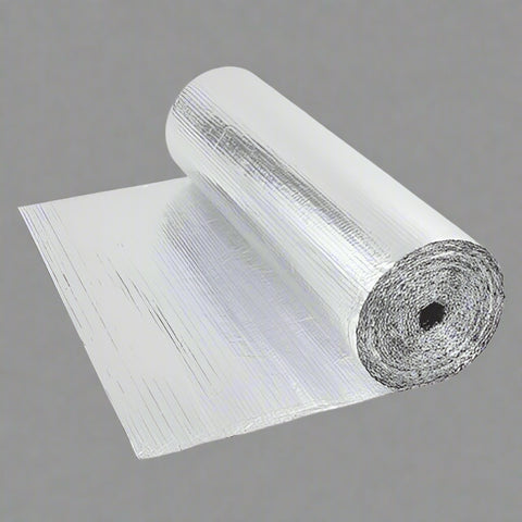 Roll of Reflective Foil Bubble Insulation β 4 FT x 25 FT
Close-up of Bubble Film Core Laminated with Foil Layers
Cross-Section of Reflective Insulation Showing 2-Layer Foil
Foil Bubble Roll Partially Unrolled for Indoor Gardening