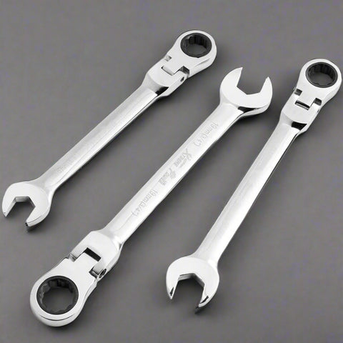 12-piece chrome folding ratchet wrench set with case
Compact ratchet wrench set with metric and SAE tools
Heavy-duty chrome-plated ratcheting wrenches
Silver mechanic wrench kit in a foldable organizer