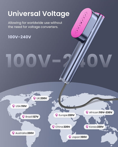 Dual Voltage Travel Steamer for Clothes – Purple
Steamer and Iron Combo with 90° Handle
Compact Steamer on Luggage – Ideal for Travel
Steamer in Use on Garment
120ml Detachable Water Tank and Heat Panel Close-up