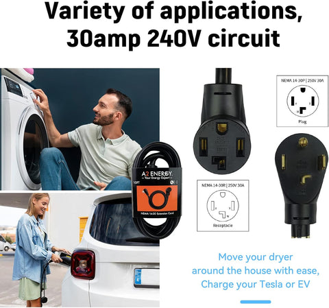 10FT Dryer Power Cord NEMA 14-30 30A 125/250V Multi-Use Extension Cord UL Certified