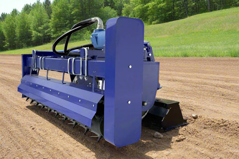 72" hydraulic soil conditioner attachment on a skid steer
Remote-controlled drum system with carbide teeth
Side view of skid steer soil conditioner in action
Soil prep tool for seedbeds and landscaping
Durable construction of 72-inch soil conditioner