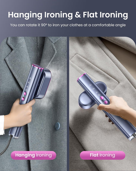 Dual Voltage Travel Steamer for Clothes – Purple
Steamer and Iron Combo with 90° Handle
Compact Steamer on Luggage – Ideal for Travel
Steamer in Use on Garment
120ml Detachable Water Tank and Heat Panel Close-up