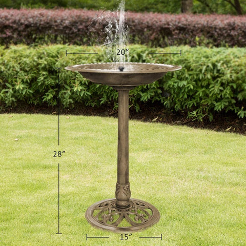 Antique copper polyresin bird bath with solar fountain
Top-down view of bird bath basin and solar pump
Decorative outdoor bird bath with stable pedestal base
Multiple fountain head options for water spray pattern
Garden setting with bird bath and solar-powered water feature