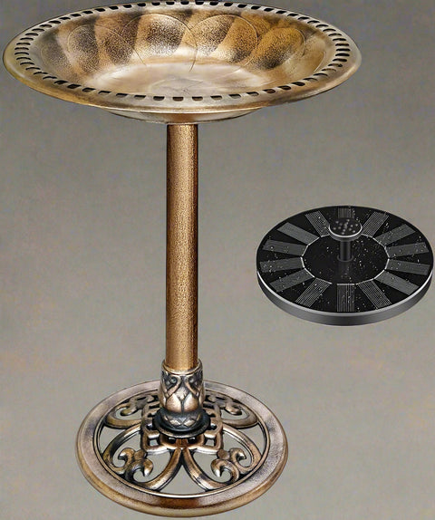 Antique copper polyresin bird bath with solar fountain
Top-down view of bird bath basin and solar pump
Decorative outdoor bird bath with stable pedestal base
Multiple fountain head options for water spray pattern
Garden setting with bird bath and solar-powered water feature