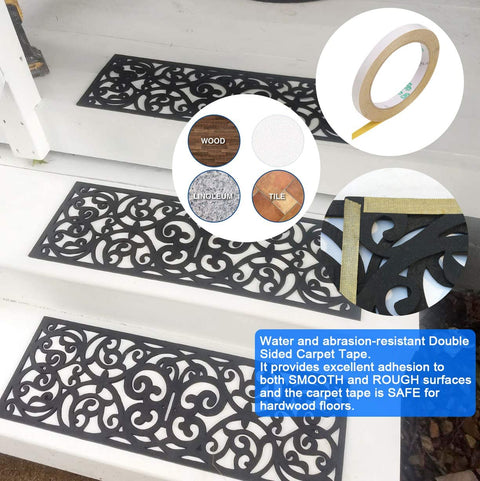 Black anti-slip rubber stair mats on outdoor steps
Close-up of grillwork pattern on rubber stair tread
Set of 4 durable black stair mats for front steps
Rubber stair mats for outdoor use in various settings
Easy-to-clean open design rubber stair treads