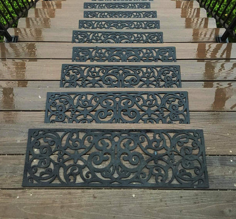Black anti-slip rubber stair mats on outdoor steps
Close-up of grillwork pattern on rubber stair tread
Set of 4 durable black stair mats for front steps
Rubber stair mats for outdoor use in various settings
Easy-to-clean open design rubber stair treads