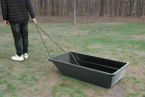 Heavy-duty black utility sled for winter outdoor hauling
Plastic hunting sled with tow rope and rugged HDPE build
Side view of winter snow sled for gear and firewood transport