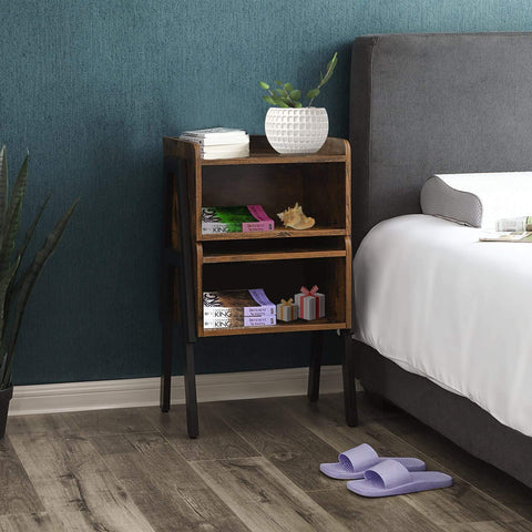 Stackable rustic wood and metal nightstand in bedroom
Industrial bedside table with black metal legs
Dual-tier MDF nightstand in modern space
Wooden nightstand stacked for storage
Compact rustic nightstand for small room