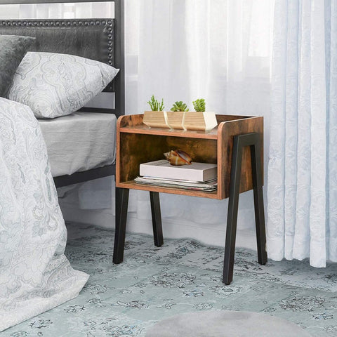 Stackable rustic wood and metal nightstand in bedroom
Industrial bedside table with black metal legs
Dual-tier MDF nightstand in modern space
Wooden nightstand stacked for storage
Compact rustic nightstand for small room