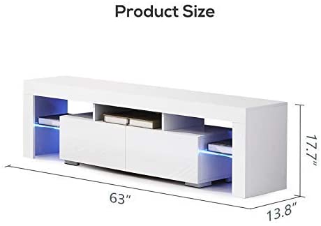 High Gloss White LED TV Stand with Remote Lighting and Storage Shelves for Modern Living Rooms