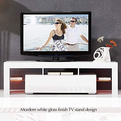 High Gloss White LED TV Stand with Remote Lighting and Storage Shelves for Modern Living Rooms