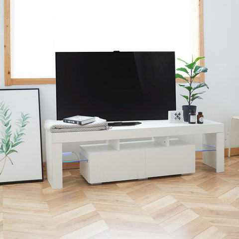 High Gloss White LED TV Stand with Remote Lighting and Storage Shelves for Modern Living Rooms