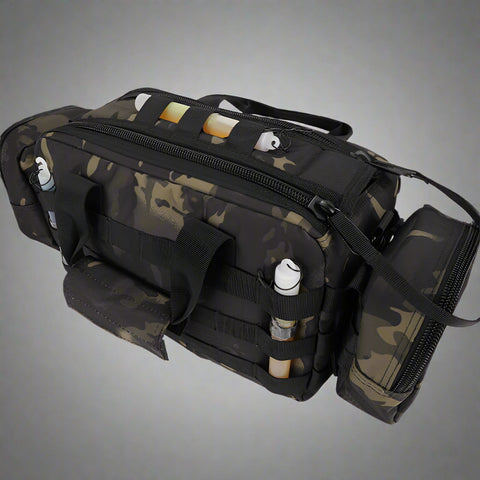 Black tactical backpack front view with MOLLE system and straps
Compact hiking backpack for camping and survival gear
Side view of military tactical backpack with rugged zippers
Outdoor travel backpack with padded shoulder straps
MOLLE-compatible tactical bag for hiking, trekking, and everyday use