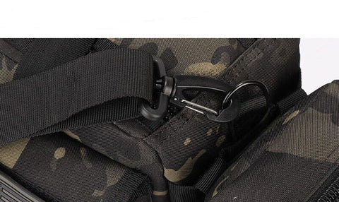 Black tactical backpack front view with MOLLE system and straps
Compact hiking backpack for camping and survival gear
Side view of military tactical backpack with rugged zippers
Outdoor travel backpack with padded shoulder straps
MOLLE-compatible tactical bag for hiking, trekking, and everyday use