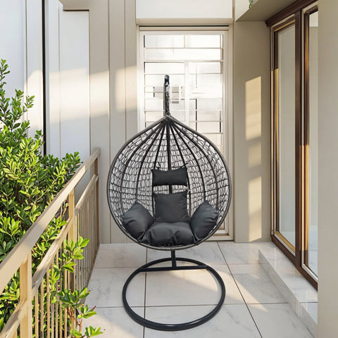 Egg Chair Swing on Patio with Gray Cushion
Hanging Egg Chair with Stand – Outdoor Setup
Egg Chair Basket Frame Close-Up
Dark Gray Cushion Detail
Indoor Setup of Egg Hammock Chair