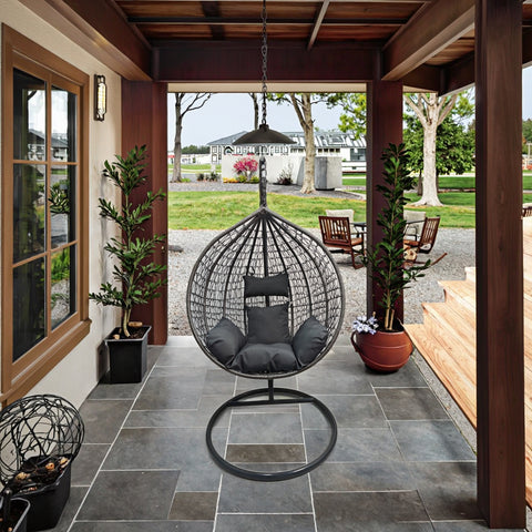 Egg Chair Swing on Patio with Gray Cushion
Hanging Egg Chair with Stand – Outdoor Setup
Egg Chair Basket Frame Close-Up
Dark Gray Cushion Detail
Indoor Setup of Egg Hammock Chair