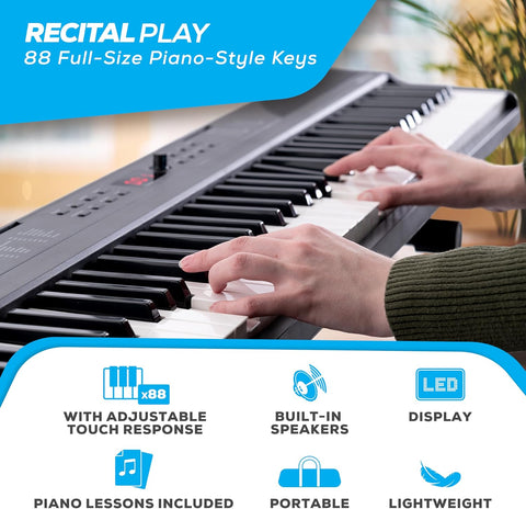 Alesis Recital Play digital piano with accessories bundle
88-key digital piano with stand and gig bag
USB MIDI piano setup for students and beginners
Full view of Alesis Recital Play with pedal and stand
Piano demo showing voices, rhythms, and modes
