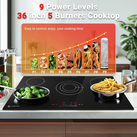 AMZCHEF 36 Inch Electric Cooktop 5 Burners, Upgraded 8900W Touch Control Built - in Ceramic Cooktop,9 Heating Level,Hot Surface Indicator,Chlid Lock,Timer, 220V~240V,Hard Wire(No Plug) - with Black | Sold by Uncle Wiener's Wholesale