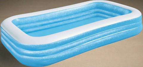 Bestway inflatable rectangular paddling pool with family inside
Top-down view of Bestway blue inflatable pool
Inflatable pool on grass with children playing
Side angle of Bestway pool showing two air chambers
Dimensions of Bestway family pool
Family enjoying inflatable pool in the backyard
Rectangular Bestway paddling pool setup outdoors