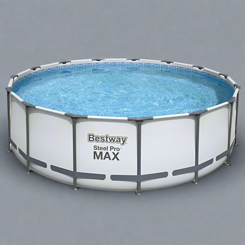 Bestway Steel Pro MAX 18ft round above ground pool – filled
18' x 48" Bestway pool with white liner and steel frame
Overhead view of Bestway Pro MAX pool in backyard
Close-up of steel frame and mosaic liner pattern