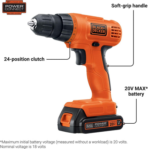 BLACK+DECKER 20V MAX* POWERECONNECT Cordless Drill/Driver + 30 pc. Kit (LD120VA) , Orange - with One Size | Sold by Uncle Wiener's Wholesale