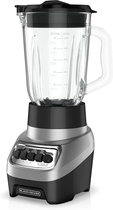 BLACK+DECKER PowerCrush Countertop Blender, 6 - Cup Glass Jar, For Smoothies and More, Stainless Steel Blade, 4 Speed Settings to Puree, Crush Ice, Chop, Dice, and Pulse, Dishwasher Safe, 700W Motor - with Silver | Sold by Uncle Wiener's Wholesale