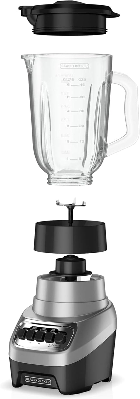 BLACK+DECKER PowerCrush Countertop Blender, 6 - Cup Glass Jar, For Smoothies and More, Stainless Steel Blade, 4 Speed Settings to Puree, Crush Ice, Chop, Dice, and Pulse, Dishwasher Safe, 700W Motor - with Silver | Sold by Uncle Wiener's Wholesale