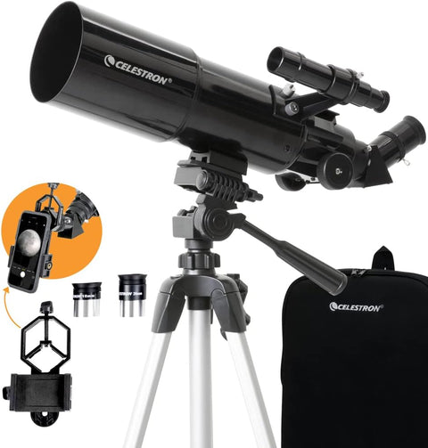 Celestron - 80mm Travel Scope - Portable Refractor Telescope - Fully - Coated Glass Optics - Ideal Telescope for Beginners - Bonus Astronomy Software Package - Digiscoping Smartphone Adapter - with | Sold by Uncle Wiener's Wholesale